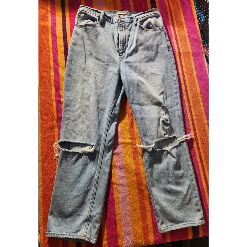 Abercrombie & Fitch Ultra High-Rise Straight Distressed Light Blue Denim Jeans